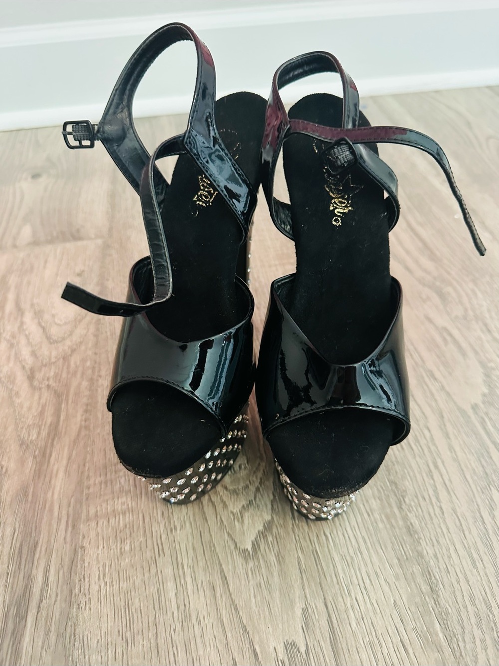 Pleaser Black Patent Platform Sandals with Rhinestone Studded Heel